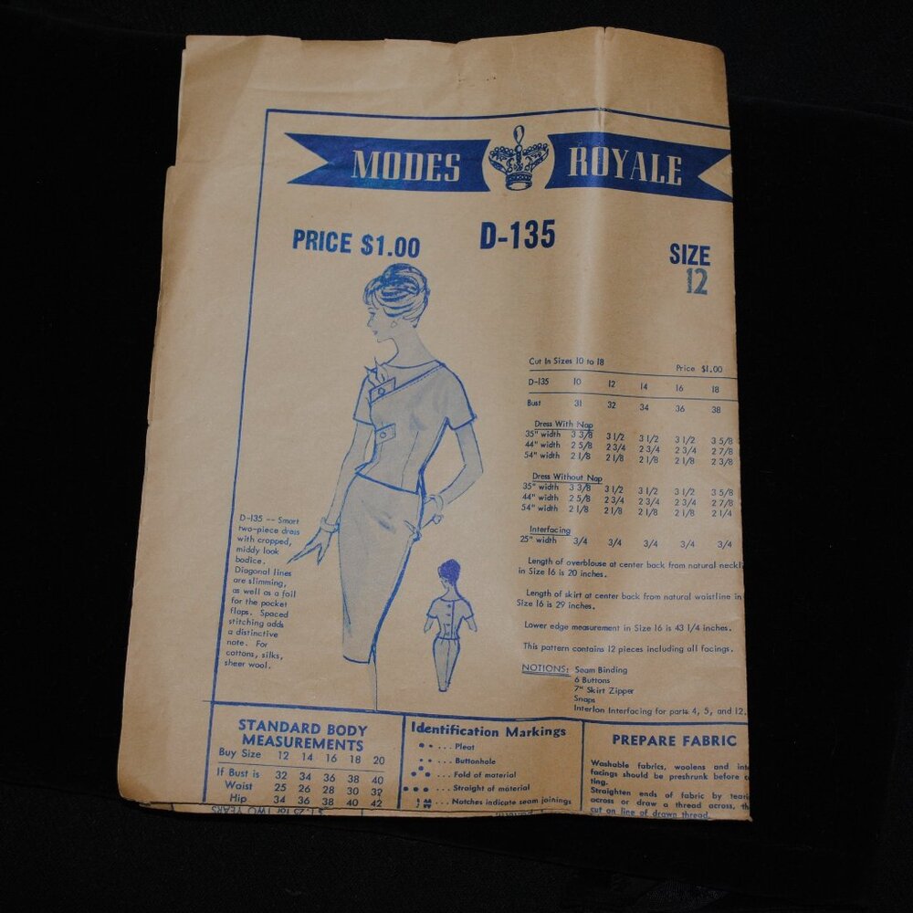 Vintage 1950's/60's Modes Royal D-135 Smart Two-Piece Dress Pattern Size 12